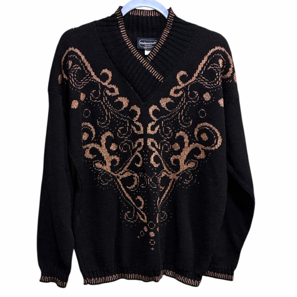 Mademoiselle Black Metallic Notch Collar Sweater Made in USA Medium